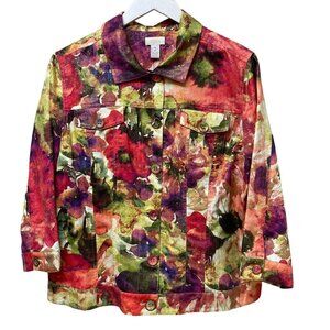 CHICO'S Watercolor Print Jacket Size Large (Chico's 2) Linen/Cotton Womens Top